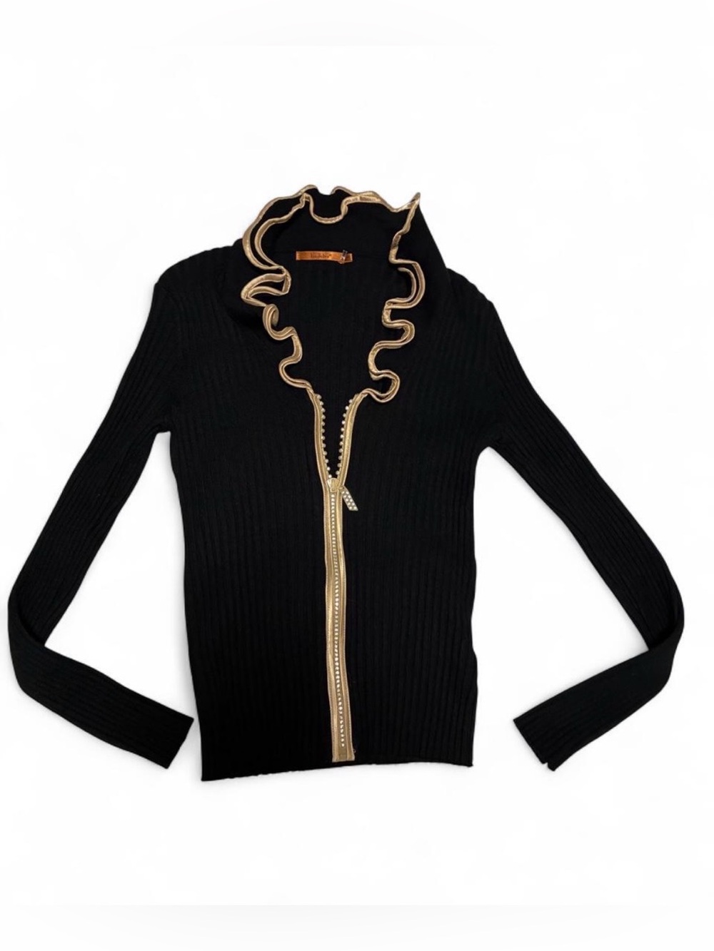 Ruffled Zip-Front Black Sweater with Gold Trim - size M